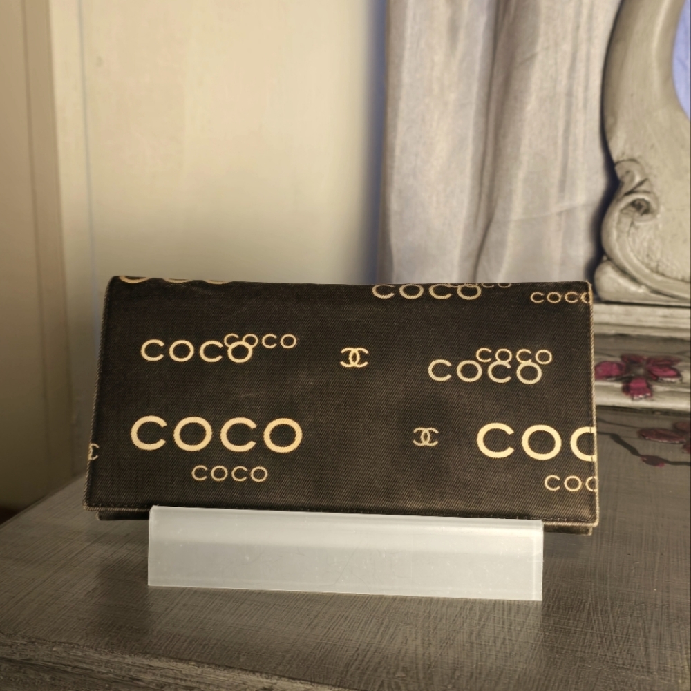 CHANEL Rare Vintage Long Coco Wallet.Canvas.Brown.VGUC.Dustbag